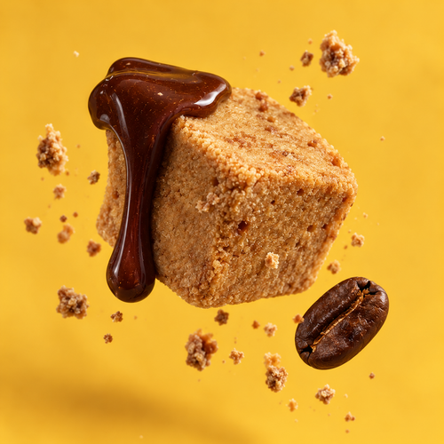A square brown sugar cube with a glossy drizzle of dark chocolate sauce, floating against a bright yellow background with scattered crumbs and a coffee bean.