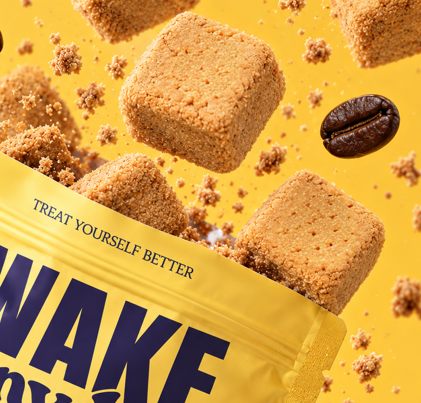 A close-up of a yellow snack pouch with the words 'TREAT YOURSELF BETTER' and partial large blue text, with brown square cookies or crackers floating around and a coffee bean on a bright yellow background.