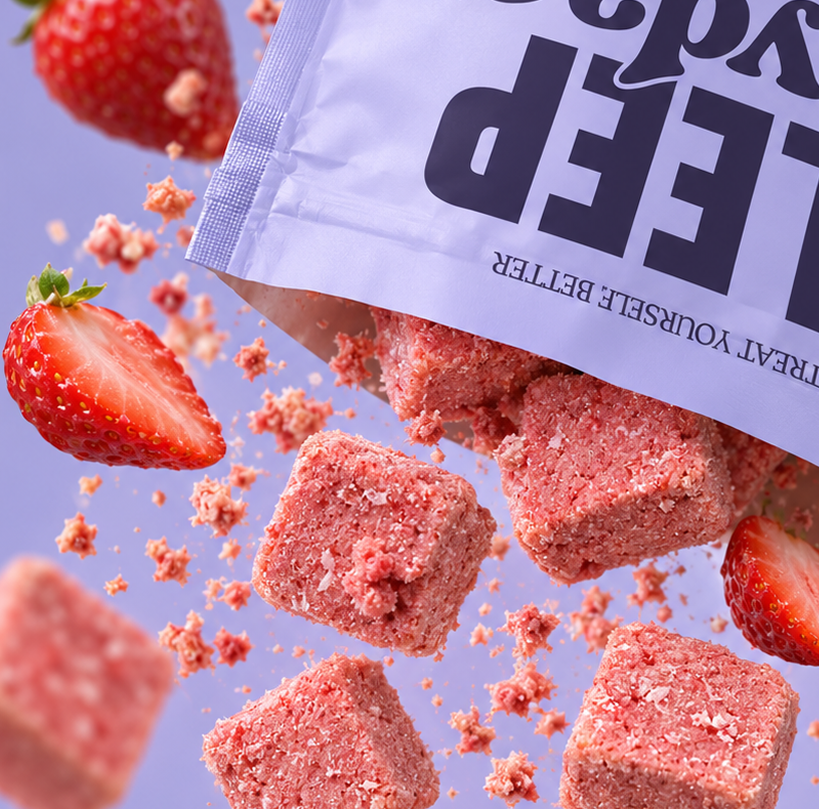 Pinkish-red strawberry-flavored cube candies bursting from a white bag labeled 'SLEEP TREAT YOURSELF BETTER,' with whole strawberries and candy crumbs floating against a lavender background.