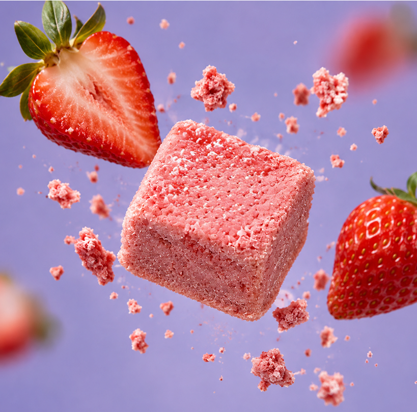 A pink strawberry-flavored gelato cube floating in mid-air, surrounded by flying crumbs and fresh whole strawberries on a soft lavender background.