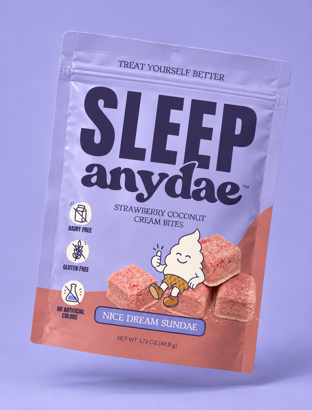 A stand-up pouch of Sleep Anyde Strawberry Coconut Cream Bites candy, featuring a light lavender and peach design with a cartoon character and product photos, set against a solid lavender background.