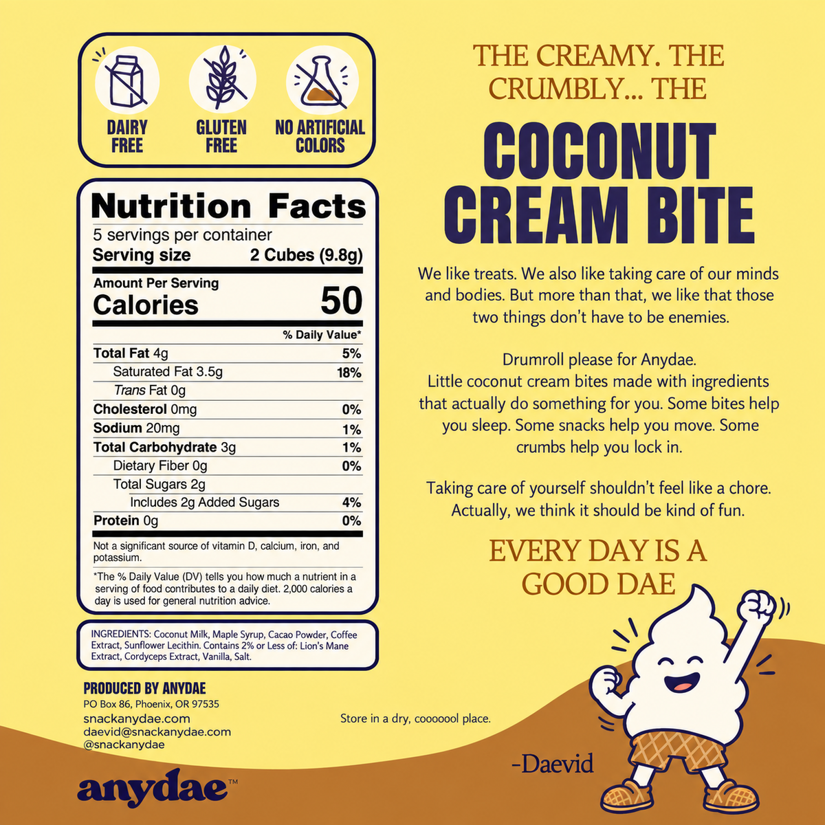 A square product label for Anydae Coconut Cream Bite, featuring a yellow and dark brown background with a large Nutrition Facts panel, product description, and humorous text attributed to Daavid.